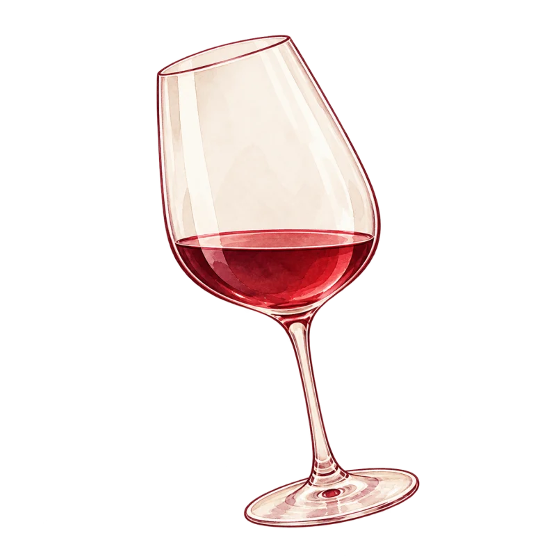 Ett lutat vinglas med rött vin. Vinets yta ligger vågrätt.
