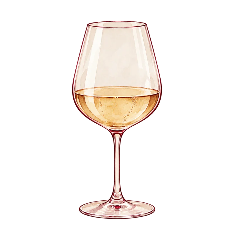 Prosecco illustrerad i ett glas med bred, rund kupa och ljust gyllene bubblor.